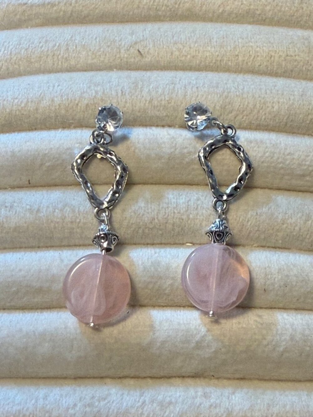 New Blush Elegance – Pink Bead & Silver-Tone Drop Earrings